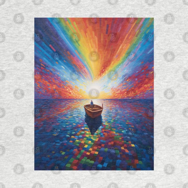 Lone Man on Boat under the Rainbow Sky Mosaic by EpicFoxArt